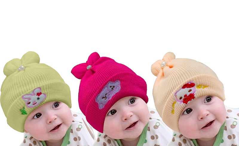TRUE INDIAN Kids Soft Winter Woolen Caps for New Born Baby for Baby Boys & Baby Girls Beanie Hat Cap Warm Cap for Baby Kids Cap (0-3 Months,D.Pink+Beg+ORGE) - Image 1