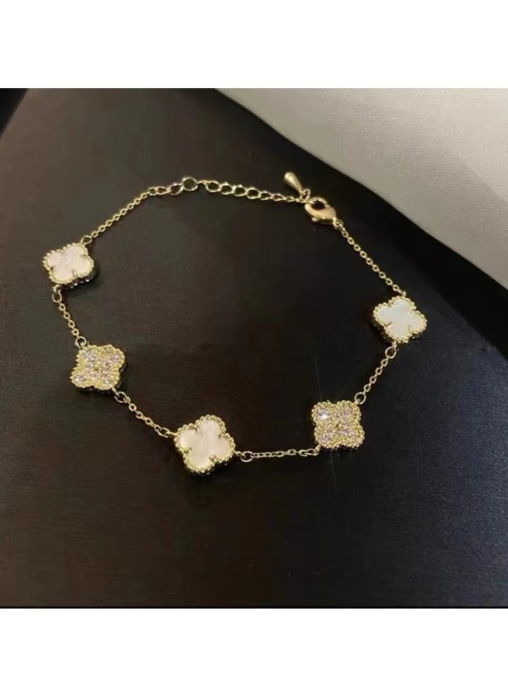 NCVI - Women's 18k Gold White Petal Bracelet, Four Leaf Clover - Image 1