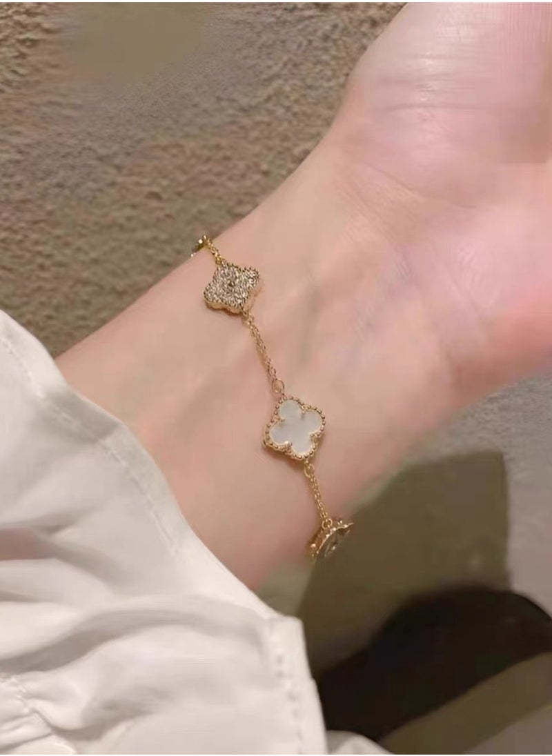 NCVI - Women's 18k Gold White Petal Bracelet, Four Leaf Clover - Image 1