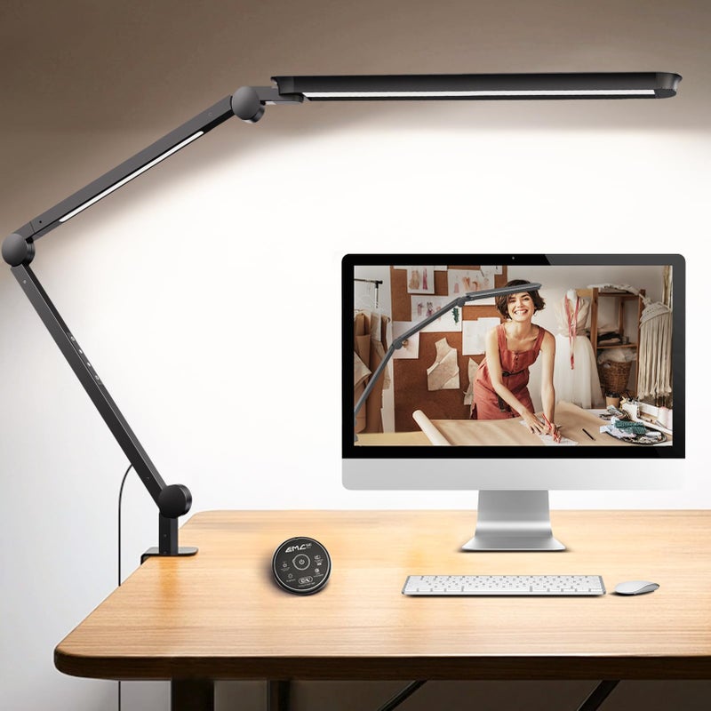 SUNLINKCO LED Desk Lamp with Clamp, Architect Desk Lamp with Remote, Flexible Swing Arm Desk Light with Dual LED Light, Stepless Dimming, 5 Color Mode & 4 Brightness for Sewing Painting Drafting Crafting - Image 1