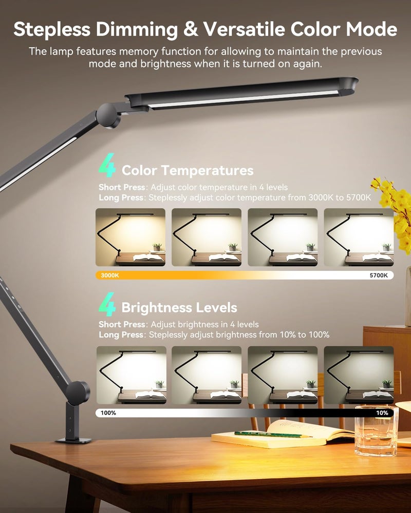 SUNLINKCO LED Desk Lamp with Clamp, Architect Desk Lamp with Remote, Flexible Swing Arm Desk Light with Dual LED Light, Stepless Dimming, 5 Color Mode & 4 Brightness for Sewing Painting Drafting Crafting - Image 3