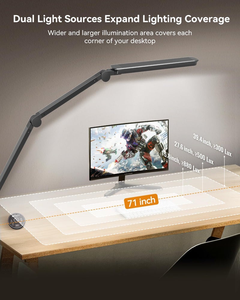 SUNLINKCO LED Desk Lamp with Clamp, Architect Desk Lamp with Remote, Flexible Swing Arm Desk Light with Dual LED Light, Stepless Dimming, 5 Color Mode & 4 Brightness for Sewing Painting Drafting Crafting - Image 2
