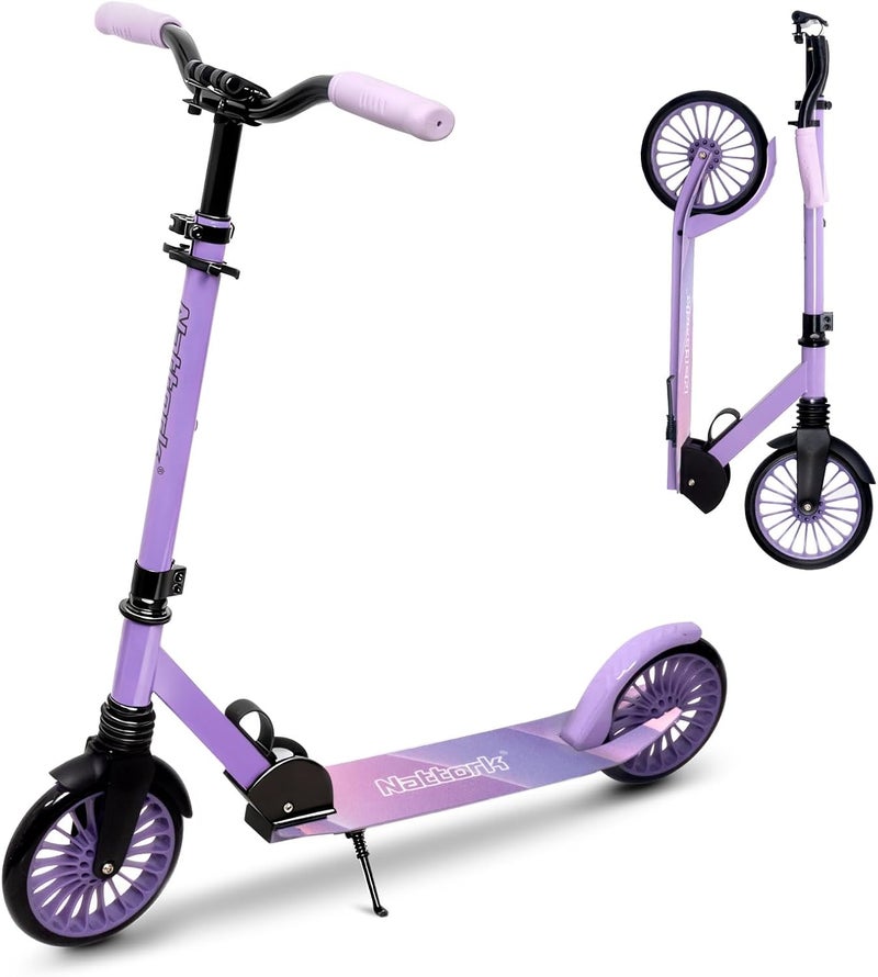 Nattork Kick Scooter for Age 6+ Kids Teens Adults, Max Load 110 KG, Adjustable Height Foldable with 8" Large Wheels, Anti-Shock Suspension - Image 1