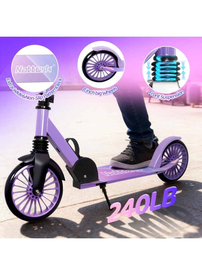 Nattork Kick Scooter for Age 6+ Kids Teens Adults, Max Load 110 KG, Adjustable Height Foldable with 8" Large Wheels, Anti-Shock Suspension - Image 2