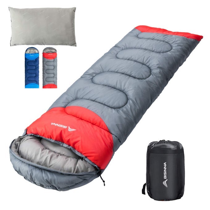SLEEPING BAG WITH PILLOW 4 SEASON BACKPACKING SLEEPING BAG LIGHTWEIGHT WATERPROOF WARM AND WASHABLE FOR ADULTS KIDS WOMEN MENS OUTDOORS CAMPING HIKING MOUNTAINEERINGRIGHT ZIPPER