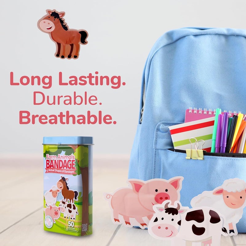 BioSwiss لصقات بيو سويس على شكل حيوانات المزرعة لاصقة ذاتياً خالية من اللاتكس معقمة للعناية بالجروح مجموعة إسعافات أولية ممتعة للأطفال 50 قطعة - Image 5