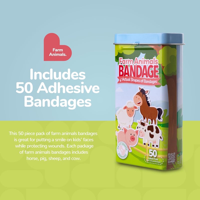 BioSwiss لصقات بيو سويس على شكل حيوانات المزرعة لاصقة ذاتياً خالية من اللاتكس معقمة للعناية بالجروح مجموعة إسعافات أولية ممتعة للأطفال 50 قطعة - Image 2