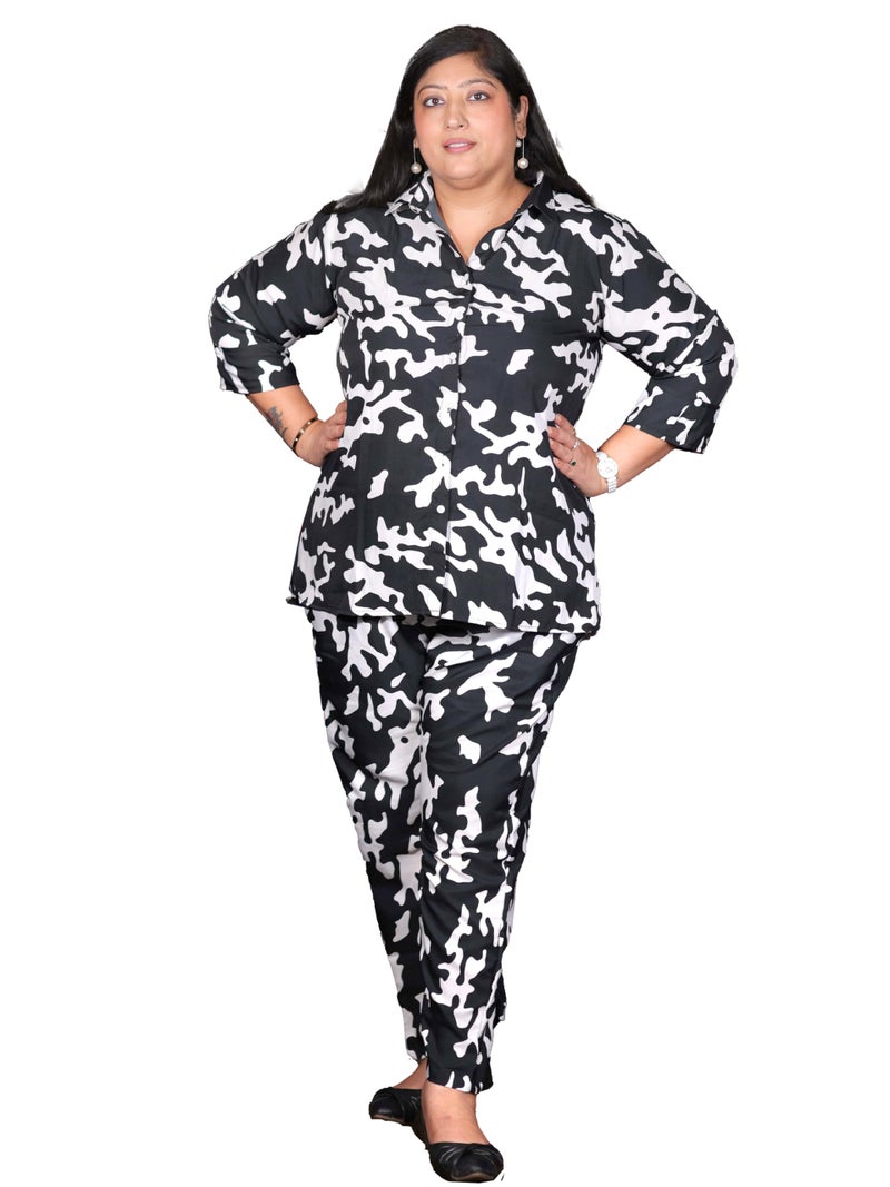 Indietoga Polyester Women's Plus Size Casual Co-Ords Set (10001440_Black & White Printed_5Xl) - Image 1