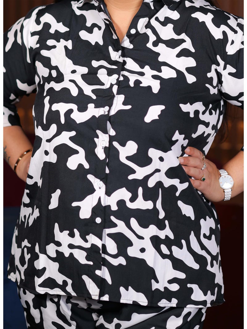 Indietoga Polyester Women's Plus Size Casual Co-Ords Set (10001440_Black & White Printed_5Xl) - Image 4