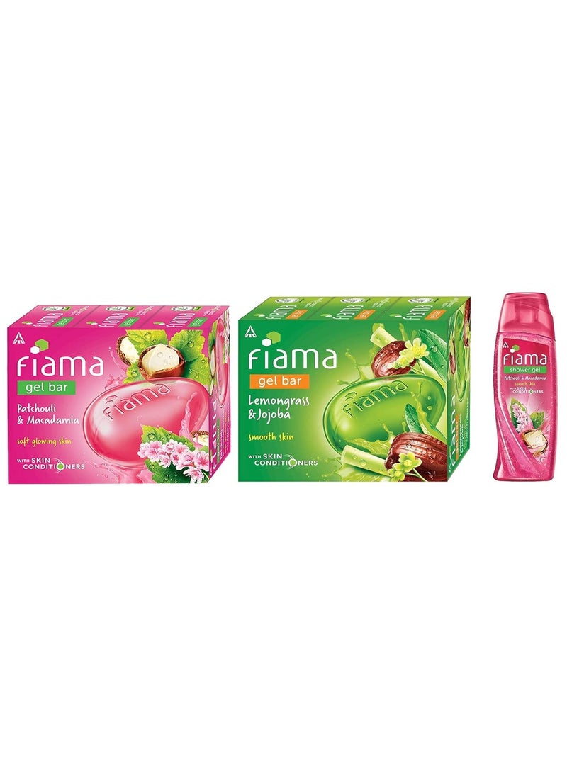 Fiama Shower Gel Patchouli & Macadamia, Body Wash, 250ml Bottle & Fiama Gel Bar Patchouli And Macadamia, 125g (3pack) & Fiama Gel Bar, Lemongrass And Jojoba With Skin Conditioners, 125g (3pack) - Image 1