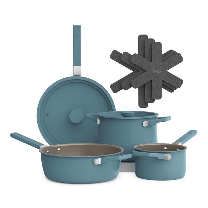 9 PIECE CERAMIC NONSTICK COOKWARE SET FITSANYWHERE KITCHENWARE W EVERGOOD COATING DISHWASHER OVEN SAFE ALL STOVETOPS COMPATIBLE STACKABLE DESIGN COOL TOUCH HANDLES SURF
