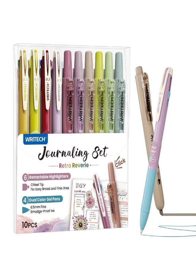 WRITECH Gel Pens Journaling Highlighters: Journal Set Aesthetic Assorted Vintage Color Ink 0.5mm Fine Point Retractable 2 in 1 Pen Smooth Writing Drawing 10ct - Image 1