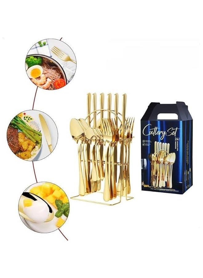 MIXDE 24 Piece Silverware Set with Hanging holder,Stainless Steel Flatware Cutlery Set-Fork Spoon and Knife Service for 6,Kitchen Utensil Tableware Set,Mirror Polished,Dishwasher Safe (Gold)  - Image 5