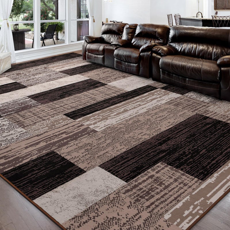 FlyDOIT Modern Geometric Patchwork Area Rug 5x8 Chocolate Large Rugs for Living Room Rockwood Collection Indoor Rugs for Bedroom Throw Carpet Floor Decor for Entryway Dining Room Office Nursery
