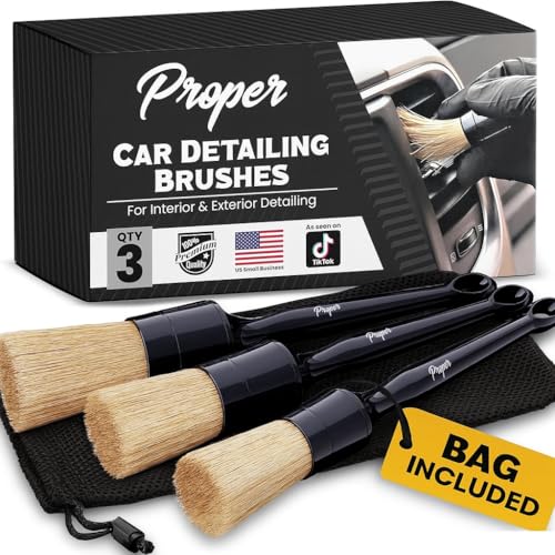 PROPER DETAILING CO. Premium Car Detailing Brush Set - Professional 3 Pack Kit Detail Brushes with Soft Boars Hair Bristles for Auto Interior & Exterior - for Cleaning Leather Seats, Air Vents, Wheels & Emblems - Image 1