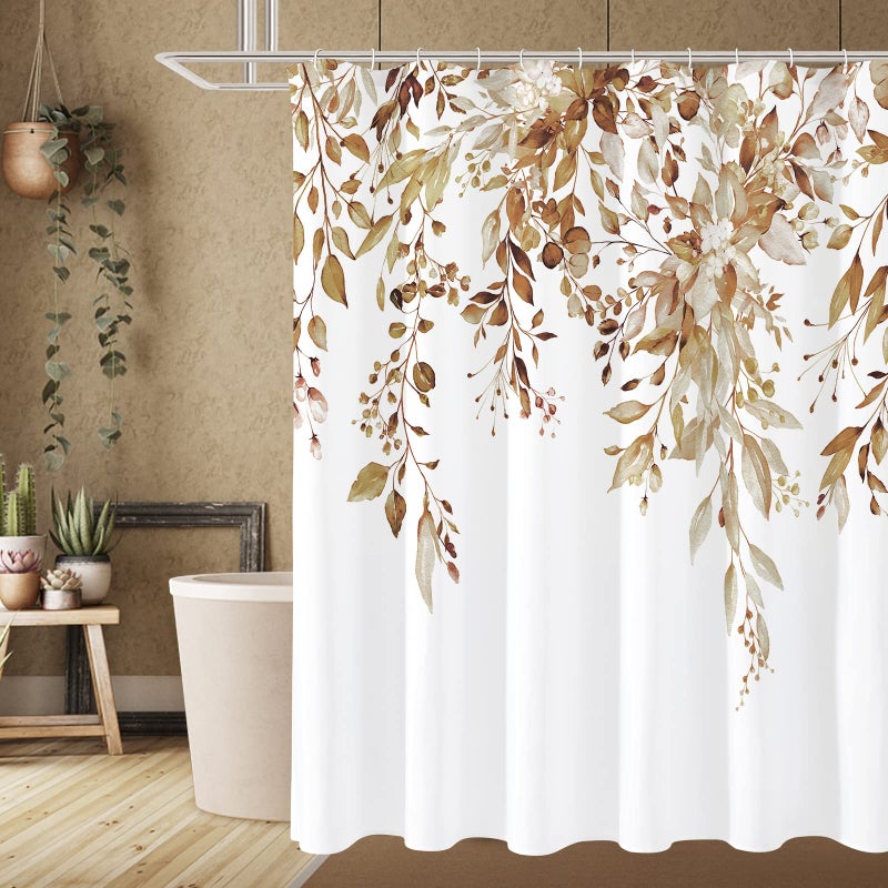 Gibelle Brown Eucalyptus Shower Curtain Watercolor Plant Leaves with Floral Bathroom Shower Curtain Set with Hooks 72x72