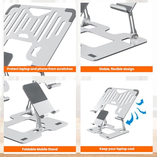 Dyazo 2 in 1 Adjustable Laptop Stand with Mobile Holder | Ergonomic, Foldable & Ventilated Riser Fits Upto 15.6 Inch Laptops | Compatible for MacBook, HP, Dell, Acer, Lenovo & Other Notebooks - Image 4