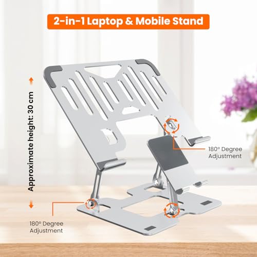 Dyazo 2 in 1 Adjustable Laptop Stand with Mobile Holder | Ergonomic, Foldable & Ventilated Riser Fits Upto 15.6 Inch Laptops | Compatible for MacBook, HP, Dell, Acer, Lenovo & Other Notebooks - Image 2