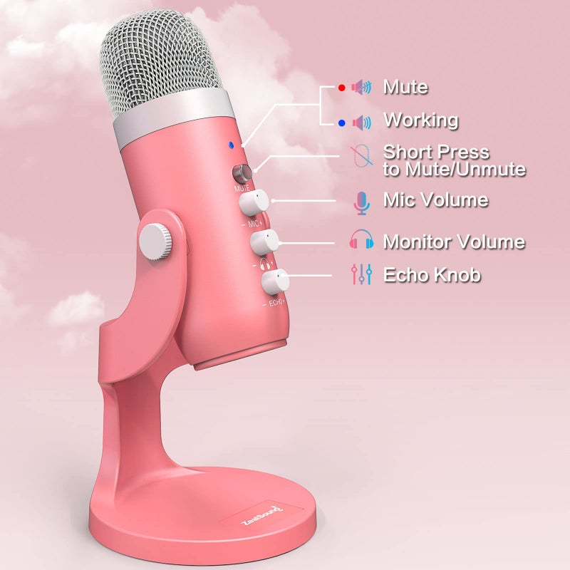 ZealSound USB Microphone,Condenser Computer Mic,Plug&Play Gaming Microphones for PS 4&5.Headphone Output&Volume Control,Mic Gain Control,Mute Button,YouTube Podcast on Mac&Windows Pearlescent Pink - Image 5
