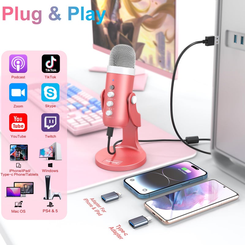 ZealSound USB Microphone,Condenser Computer Mic,Plug&Play Gaming Microphones for PS 4&5.Headphone Output&Volume Control,Mic Gain Control,Mute Button,YouTube Podcast on Mac&Windows Pearlescent Pink - Image 2