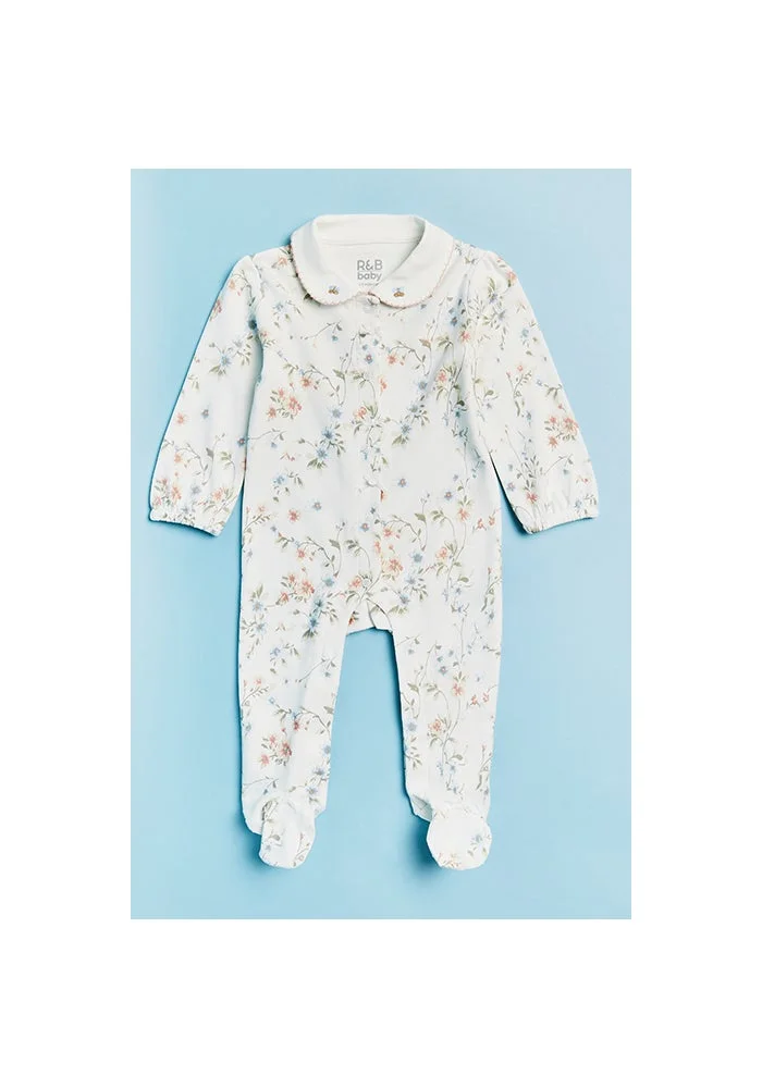 R&b Printed Footed Sleepsuit with Collar and Long Sleeves