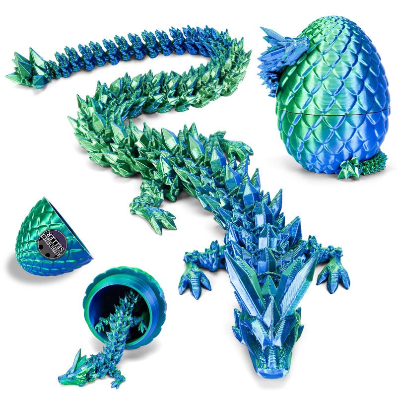 YILCER 12 in 3D Printed Dragon Egg Easter Basket Essentials Stuffers Prefilled Easter Egg Filled with Toy for Kid Boys Crystal Articulated Dragon Fidget Toys Laser Green