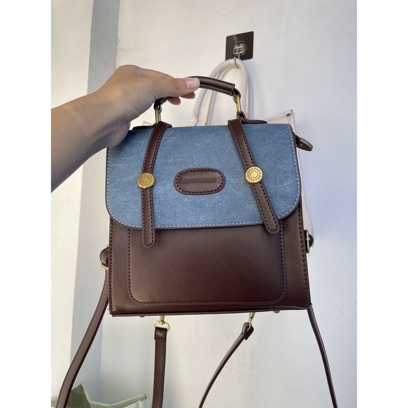 Retro Denim Contrast Color Backpack Bag Female 2023 New Trendy Student Class Backpack All-Match Shoulder Portable Schoolbag - Image 1