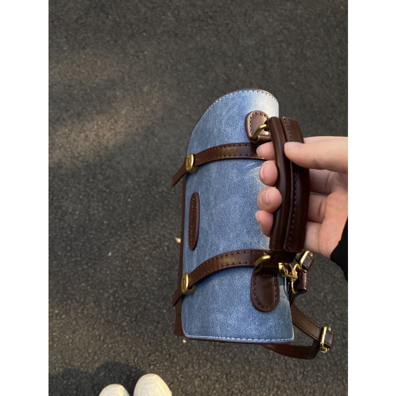 Retro Denim Contrast Color Backpack Bag Female 2023 New Trendy Student Class Backpack All-Match Shoulder Portable Schoolbag - Image 3