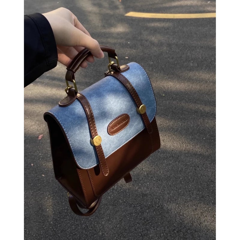 Retro Denim Contrast Color Backpack Bag Female 2023 New Trendy Student Class Backpack All-Match Shoulder Portable Schoolbag - Image 4