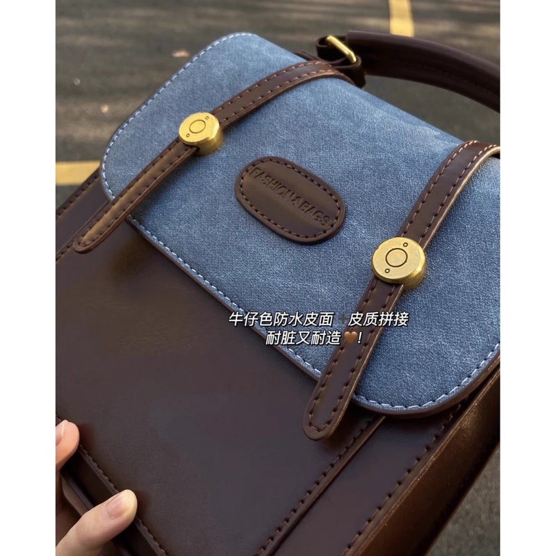 Retro Denim Contrast Color Backpack Bag Female 2023 New Trendy Student Class Backpack All-Match Shoulder Portable Schoolbag - Image 5