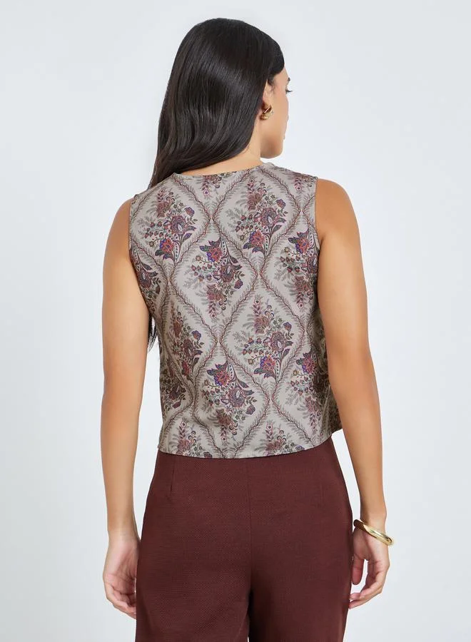 Styli Beige Floral Sleeveless Waistcoat