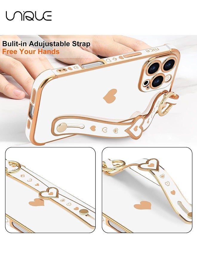 يونيك متوافق مع غطاء iPhone 16 Pro ، مسند حزام المعصم القابل للتعديل ، مصد طلاء ذهبي فاخر لطيف على شكل قلب ، غطاء غطاء واقي للنساء والفتيات ، أبيض - Image 4