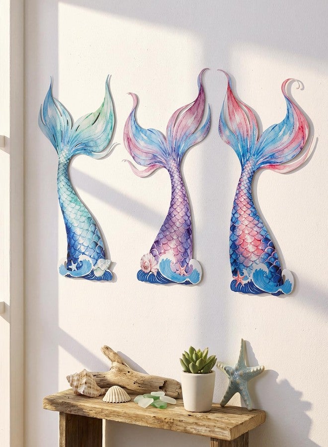 Fiwochic 3 Pcs Mermaid Tail Wall Decor Metal Mermaid Wall Art Watercolor Under The Sea Decoration for Hanging Baby Nursery Girls Bedroom Bathroom Patio Swimming Pool - Image 3