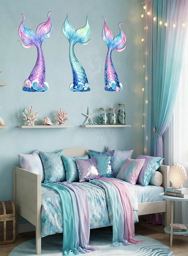 Fiwochic 3 Pcs Mermaid Tail Wall Decor Metal Mermaid Wall Art Watercolor Under The Sea Decoration for Hanging Baby Nursery Girls Bedroom Bathroom Patio Swimming Pool - Image 5
