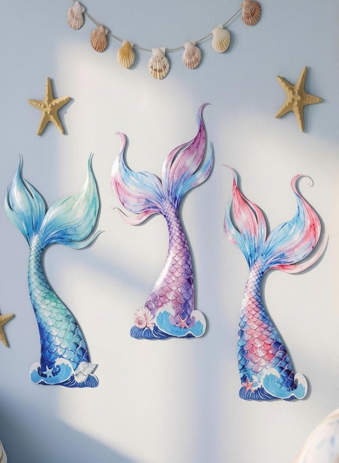 Fiwochic 3 Pcs Mermaid Tail Wall Decor Metal Mermaid Wall Art Watercolor Under The Sea Decoration for Hanging Baby Nursery Girls Bedroom Bathroom Patio Swimming Pool - Image 1