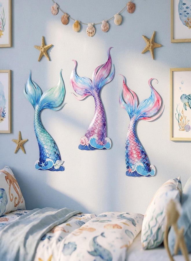 Fiwochic 3 Pcs Mermaid Tail Wall Decor Metal Mermaid Wall Art Watercolor Under The Sea Decoration for Hanging Baby Nursery Girls Bedroom Bathroom Patio Swimming Pool - Image 4