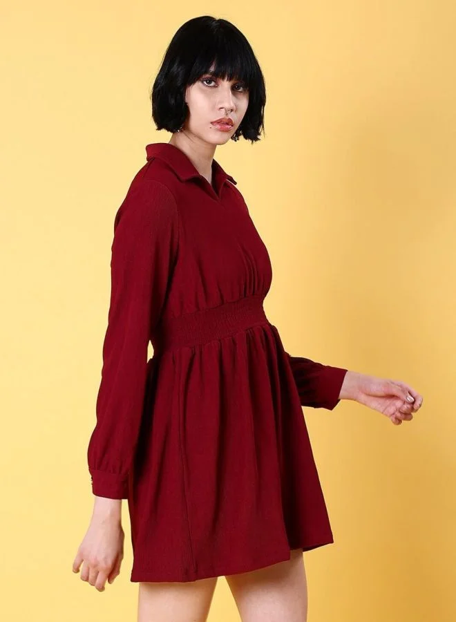 Freehand  Women Fit and Flared Solid V-Neck Long Sleeve Dress for Women | Best Price UAE