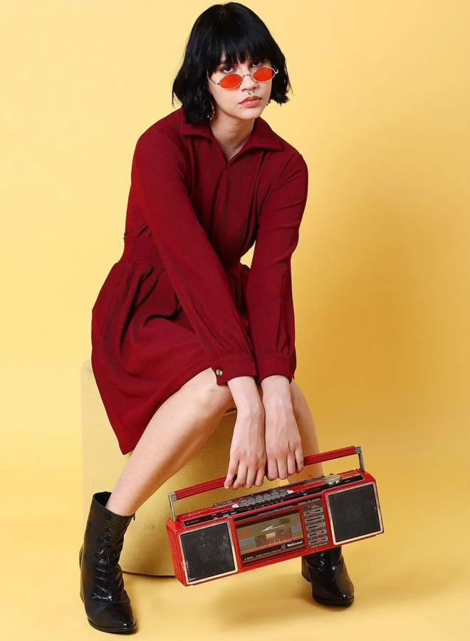 Freehand  Women Fit and Flared Solid V-Neck Long Sleeve Dress for Women | Best Price UAE