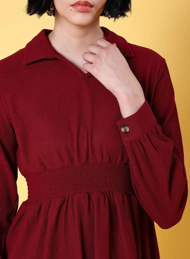 Freehand  Women Fit and Flared Solid V-Neck Long Sleeve Dress for Women | Best Price UAE