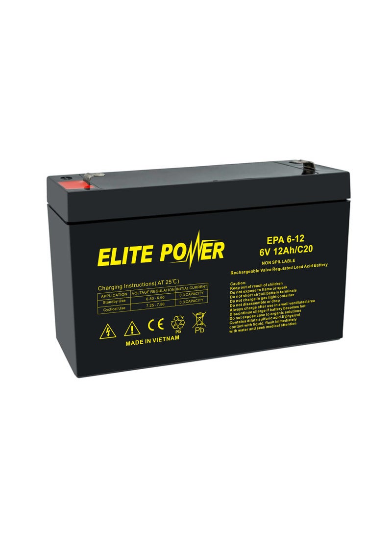 Elite Power 6V 12Ah Rechargeable Sealed Lead Acid Battery – Non-Spillable, VRLA