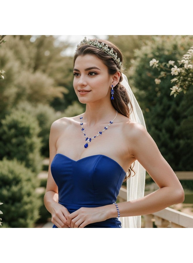 BriLove Wedding Jewelry Set For Women, Y-Necklace Tennis Bracelet Dangle Earrings Set With Aaa Cubic Zirconia Teardrop Set For Bridal Bridesmaid Sapphire Color - Image 3