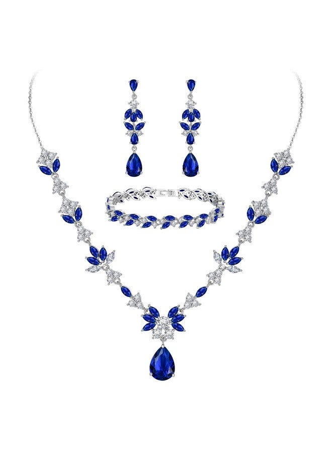 BriLove Wedding Jewelry Set For Women, Y-Necklace Tennis Bracelet Dangle Earrings Set With Aaa Cubic Zirconia Teardrop Set For Bridal Bridesmaid Sapphire Color - Image 1