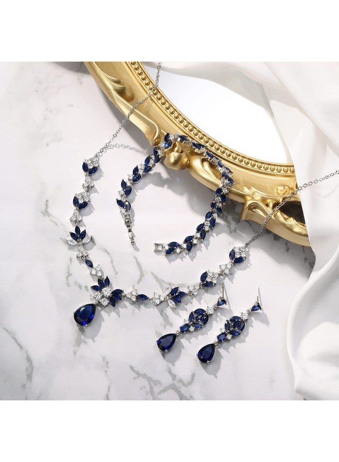 BriLove Wedding Jewelry Set For Women, Y-Necklace Tennis Bracelet Dangle Earrings Set With Aaa Cubic Zirconia Teardrop Set For Bridal Bridesmaid Sapphire Color - Image 4