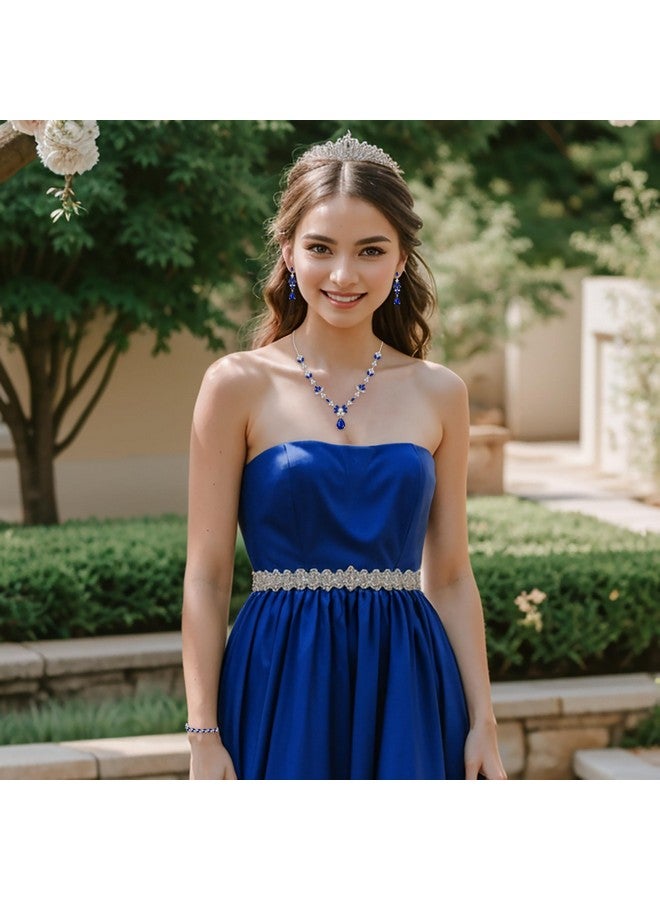 BriLove Wedding Jewelry Set For Women, Y-Necklace Tennis Bracelet Dangle Earrings Set With Aaa Cubic Zirconia Teardrop Set For Bridal Bridesmaid Sapphire Color - Image 2