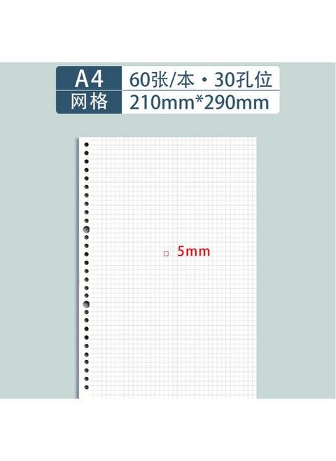 B5 A5 A4 Refillable Notebook Paper Sheets A4 grid (30 holes)