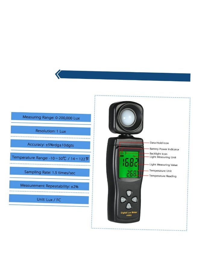 Mini Digital Lux Meter, Professional LED Light Meter, LCD Display Handheld Illuminometer Luminometer, Photometer Luxmeter Light Meter, with 0-200,000 Measuring Ranges and Rotatable Detector - Image 3