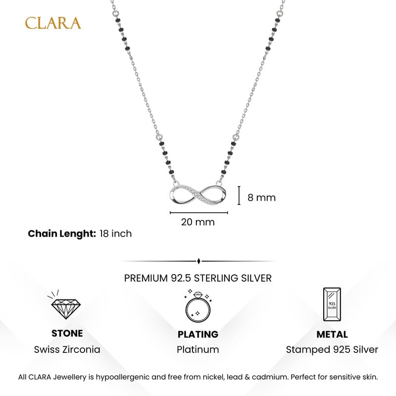 CLARA 925 Sterling Silver Avani Infinity Mangalsutra Tanmaniya Pendant With Black Beads Chain | Platinum Plated, Swiss Zirconia |Gift for Women - Image 3