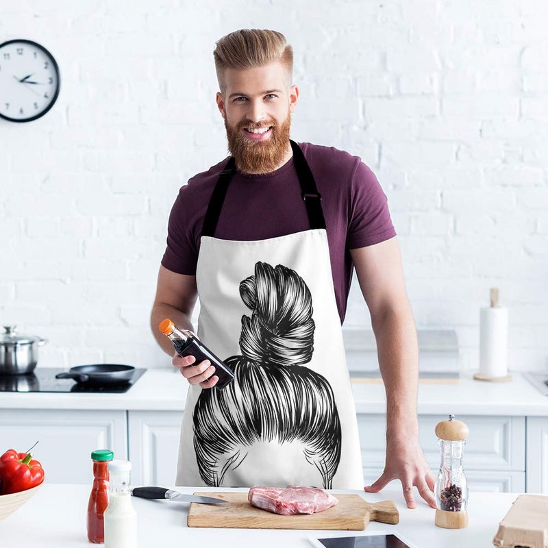 Moslion Girl Apron 31x27 Inch Sketch of Woman with Fashion Bun Perfect Eyebrow Eyelash Kitchen Chef Waitress Cook Aprons Bib with Adjustable Neck for Women Men Girls Black White - Image 3