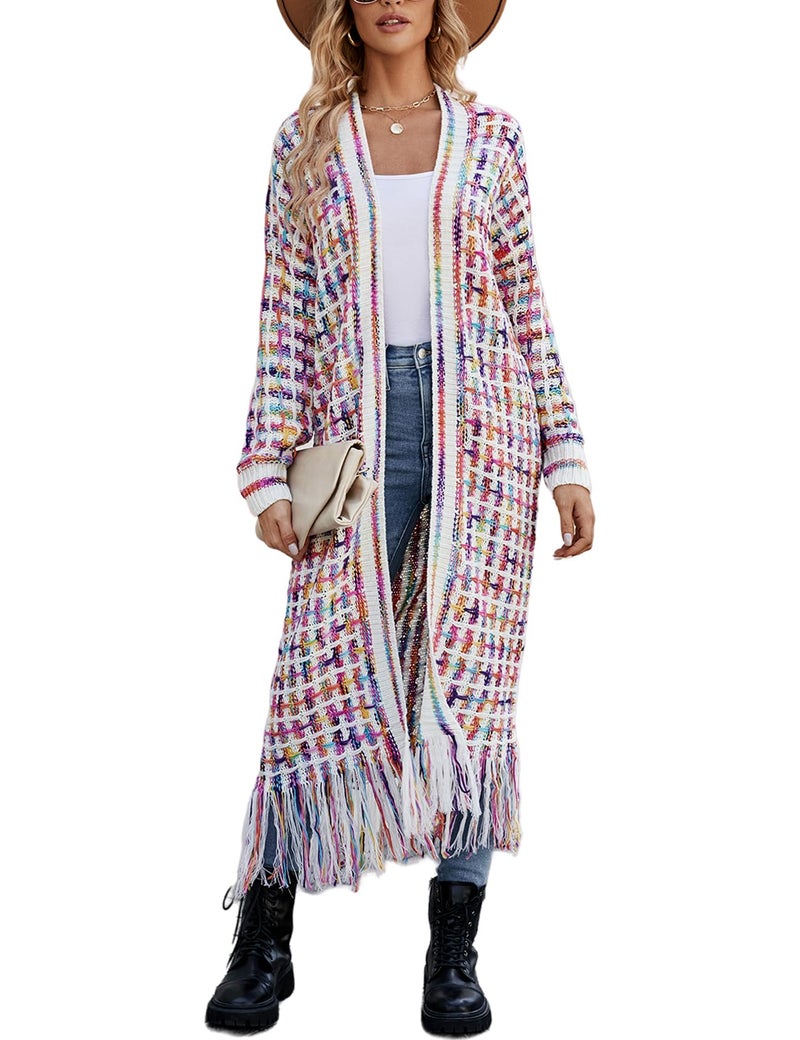 Perbai Womens Boho Cardigan Sweater Open Front Fringed Tassels Aztec Maxi Cardigan Jacket(Rosered-L) - Image 1