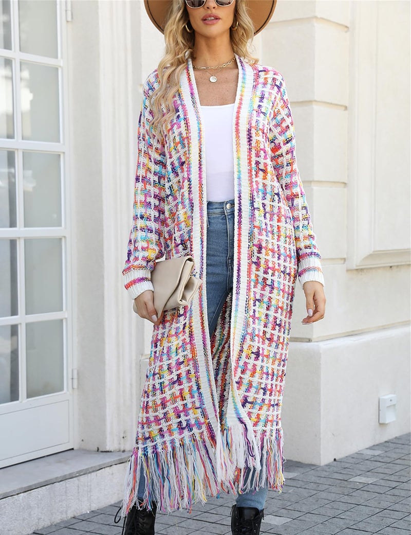 Perbai Womens Boho Cardigan Sweater Open Front Fringed Tassels Aztec Maxi Cardigan Jacket(Rosered-L) - Image 3